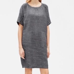 EILEEN FISHER Scoop Neck Tunic Dress Graphite Gray Stripe Organic Linen **EUC!